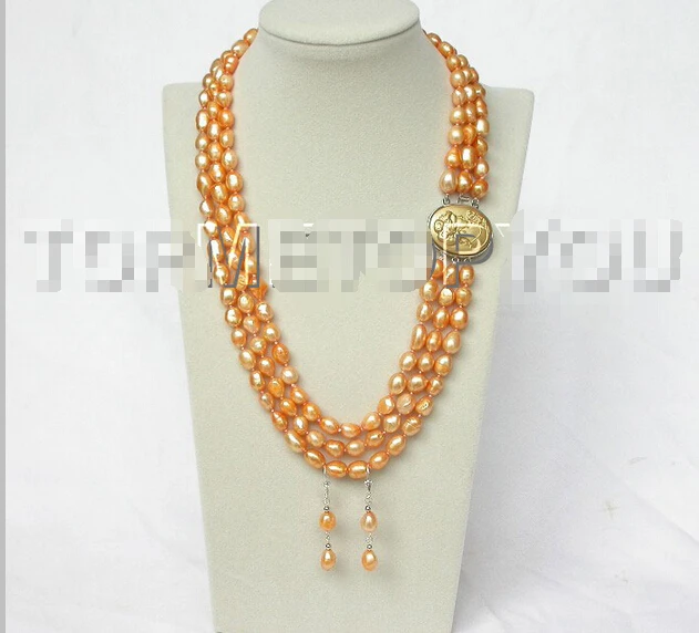 

3rows 12mm baroque orange yellow pearls necklace cameo E1437^^^@^Noble style Natural Fine jewe FREE SHIPPING