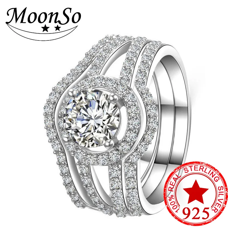 Moonso Real 925 Sterling Silver Ring engagement wedding ring for women AAA zirconia fashion jewelry 3pcs personalized LR235CS