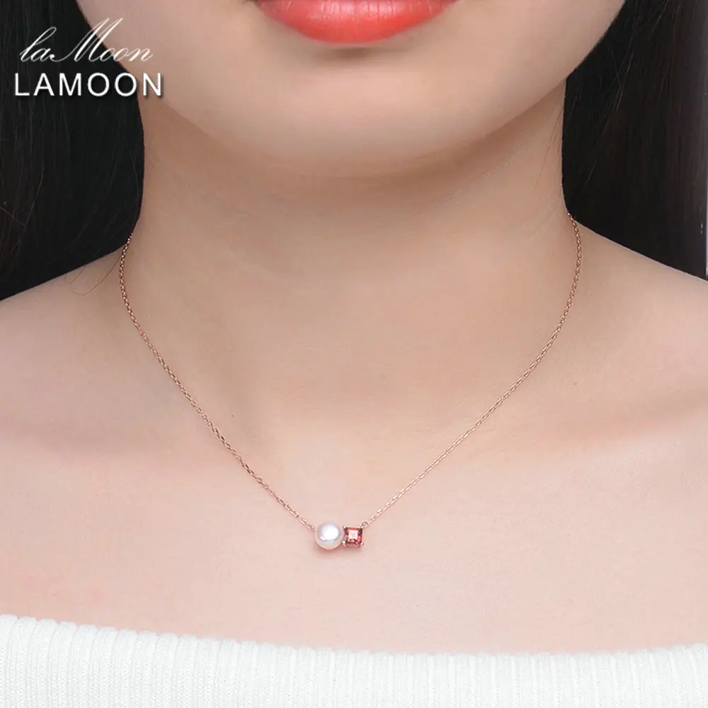 Lamoon Simple 100% Natural Red Garnet Freshwater Pearl 925 Sterling Silver Chain Pendant Necklace S925 LMNI054 - Image 2