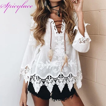 

Woman Summer Vintage Bandage V Neck Lace Shirt short Sleeve Eyelet Embroidered Blouse Crochet Dot Print Loose Casual Tops
