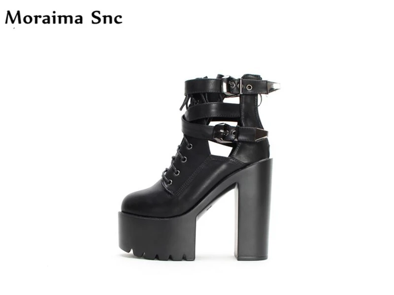 

Moraima Snc fashion women Ankle boots cut-out high heels Ankle strap buckle side zip cross-tied round toe platform riding boots