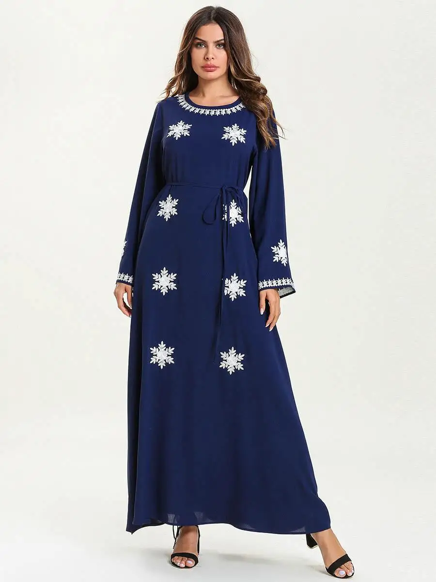 Женские мусульманские длинное платье Абая вышивка Дубай Свободные повседневные женское платье макси модные с круглым вырезом свободные