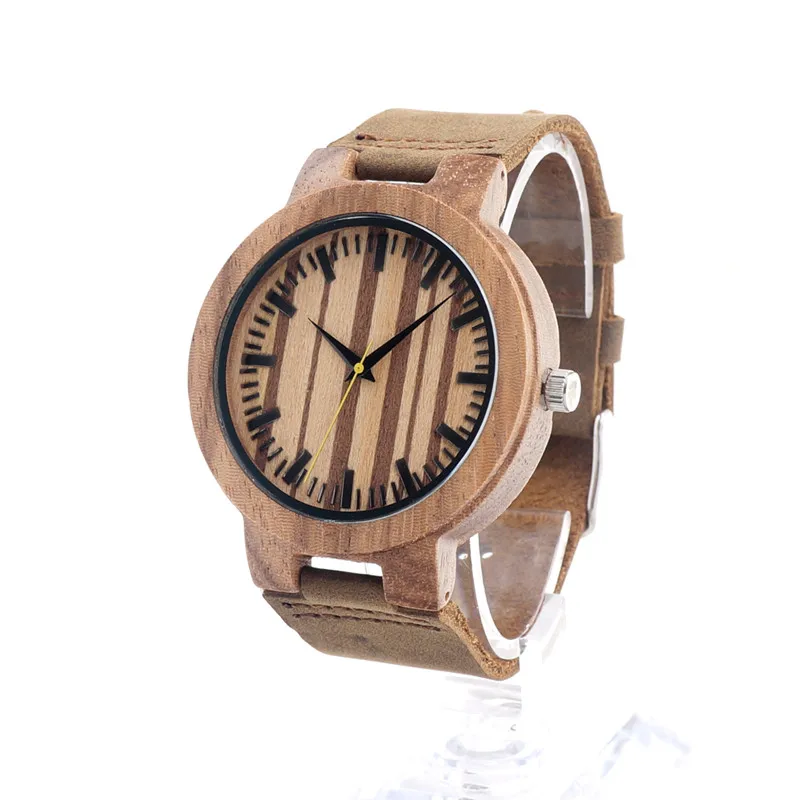 BOBO BIRD Mens Zebra Wood Wristwatch Japan 2035 Movement Quartz Watch with Brown Leather Band Relogio Masculino Mujer V-C18