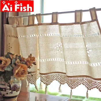

Continental cotton and linen handmade hollow embroidery shading half curtain finished crochet small tassel short curtain QT050#4