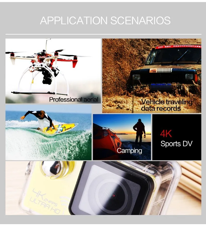 DHL Sport Camera NT96660 4K 24fps ULTRA HD 16MP WiFi 30M Waterproof Action camera Aluminum Extendable Pole Stick+camera bag light action camera