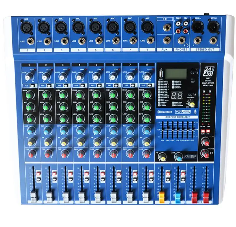 ES08 Профессиональный звуковая консоль смеситель встреча этап стерео, включающим в себя гарнитуру блютус и флеш-накопитель USB 24Bit 40 кГц 6-канальный реверберации