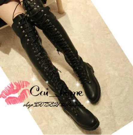 Cuisse haute lacent talon Plat vintage noir genou haute femmes cuisse haute bottes 2017(China