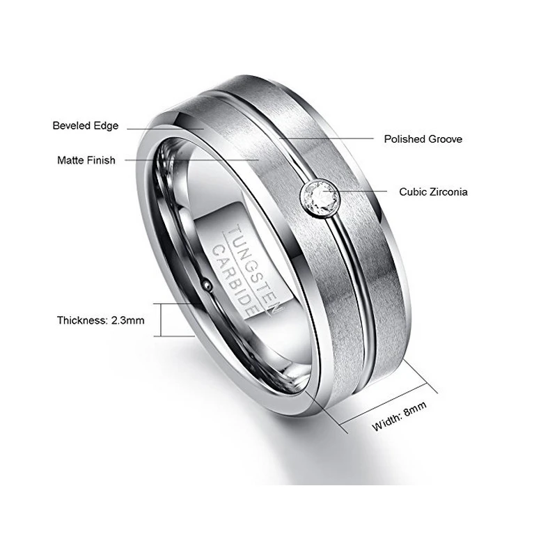 8mm Zircon Men Ring 100% Tungsten Carbide Faceted Wedding Bands Men's Jewelry Promise Band Anillos para hombres Pierscienie