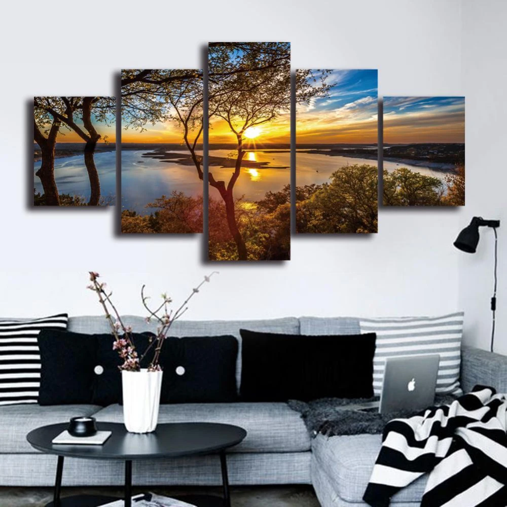HD Print 5 pcs Sunset lake landscape canvas wall art painting modern
