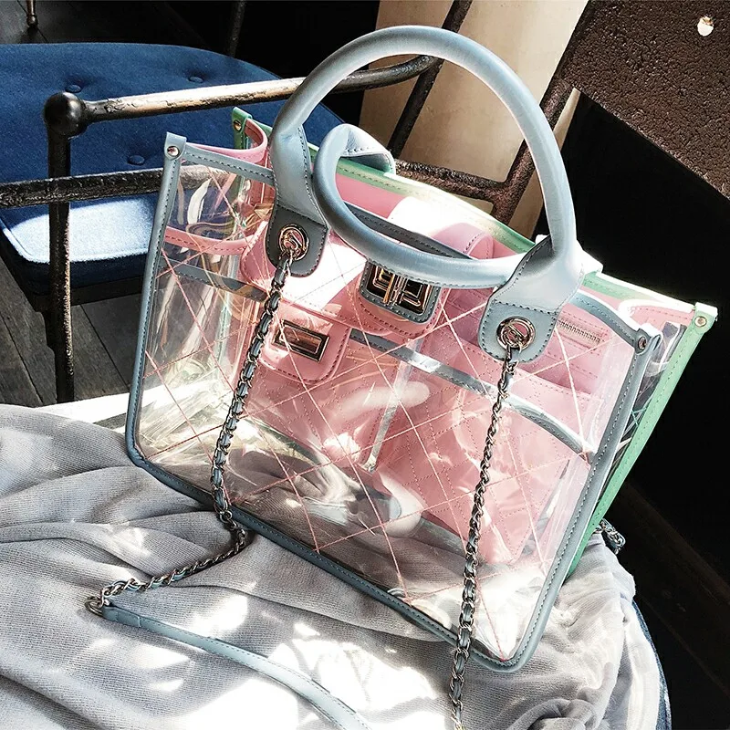 

2018 fashion new ladies transparent shoulder bag jelly bag summer ladies beach bag chain Messenger bag