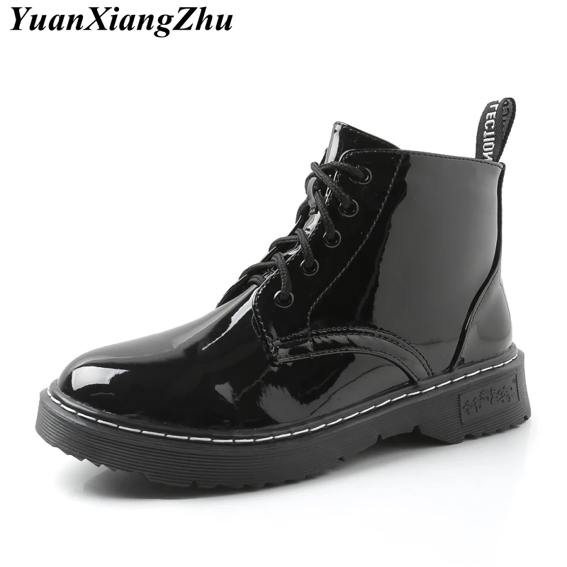 

2018 Fashion Patent Leather Boots Women Dr Martins Plus Size Shoes Woman Ankle Boots Warm Plush Black Boots Winter Botas Mujer