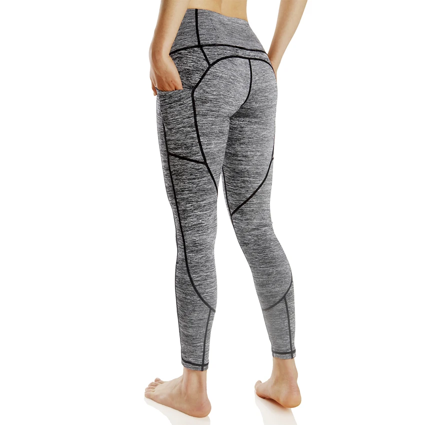 Women Grey Elastic High Waist Fitness Yoga Running Exercise Patchwork