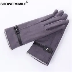 SHOWERSMILE серые женские перчатки с бантами женские перчатки для вождения замшевые теплые зимние элегантные бархатные женские перчатки с
