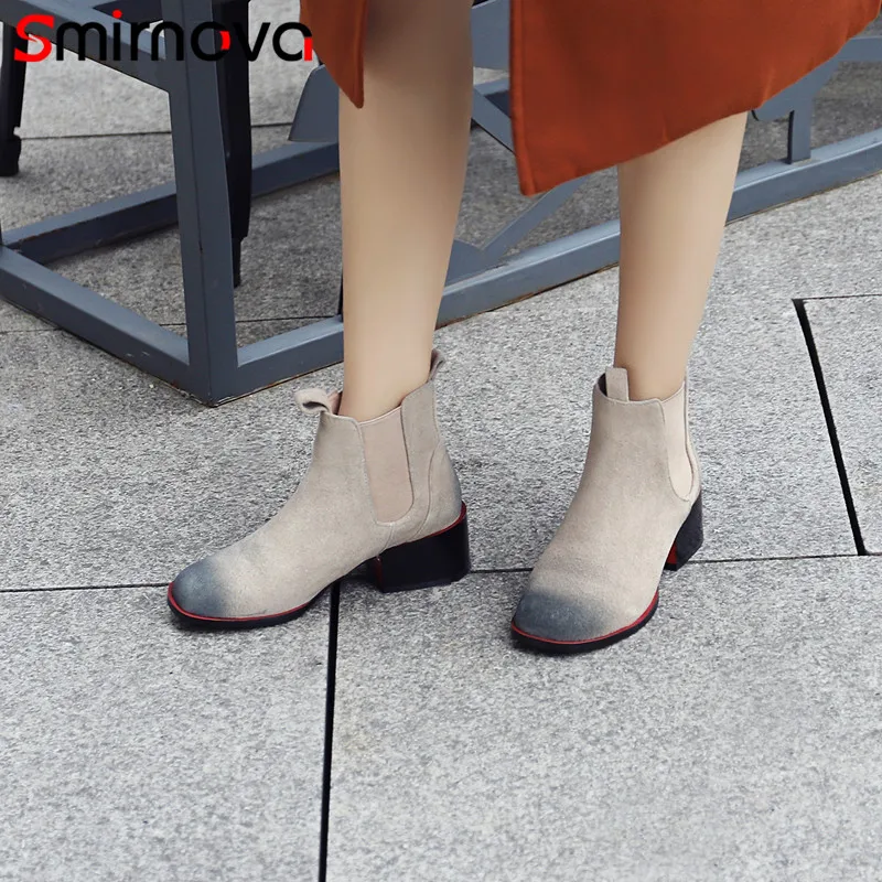 

Smirnova newest fashion boots 2018 cow suede square heels round toe solid ankle boots convenient slip on high heel boots