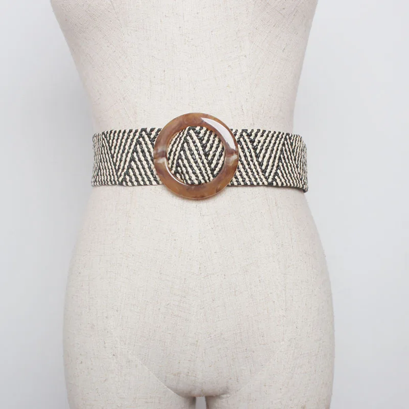 

New Vintage Knitted Wax Rope Wooden Bead Waist Rope Women Smooth Buckle Belt Woman Woven Female Elastic Braided Belt BZ01