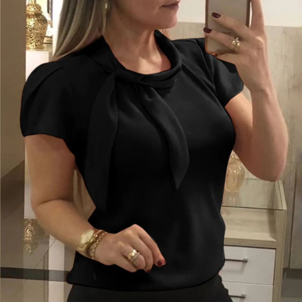 2019 Spring New Solid Long Flare Sleeve Women Blouse Fashion Lace-Up Bow Tie Work Office Ladies Shirts Tops Plus Size