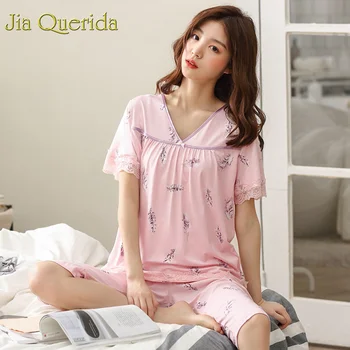 

J&Q Women Pajamas Floral Printing Plus Size V-neck Silk Edge Collar Elegant Sleepwear Women 2019 Fashion Summer Shorts Pyjamas