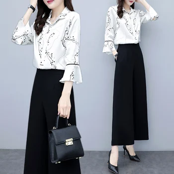 

Spring Print 2 Piece Set Women Palazzo Pants Year-old Female Costume Flare Sleeve Wide Leg Pants Ensemble Femme Survetement
