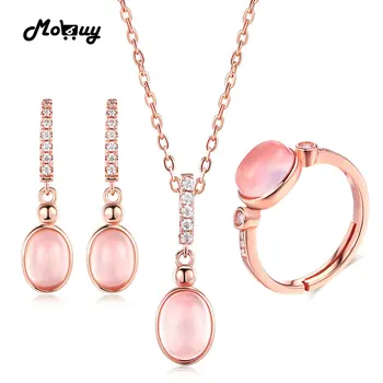 

MoBuy 925 Sterling Silver Jewelry Set Pink Oval Natural Gemstone Rose Quartz Rose Gold Plated Fine Jewelry For Women V021ENR