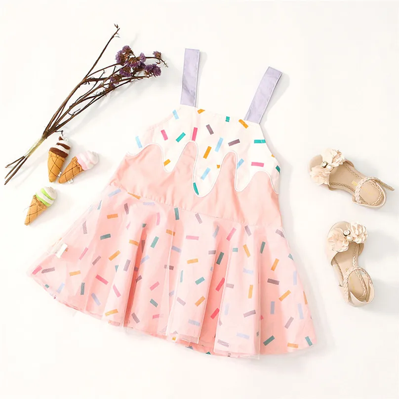 

New Sweet Summer Girl Dresses Pink Cotton Adjustable Sling Ice Cream Princess Dress for 1-5 Years Old Children's Dresses 20H