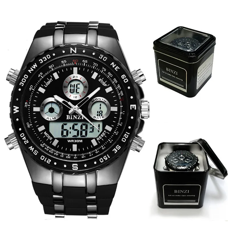 Новые цифровые часы мужские спортивные черные часы кварцевые Военные мужские часы из нержавеющей стали задняя подсветка Relogio Masculino Digital BINZI