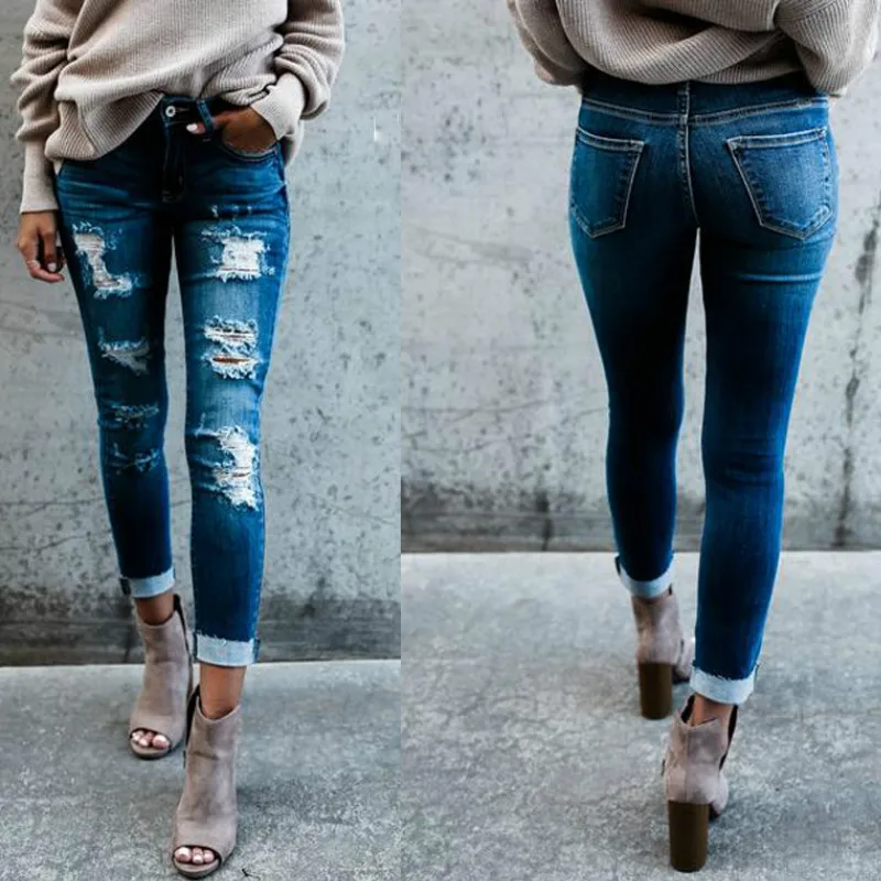 

2018 Spring New High Street Elasticity Skinny Jeans Women Fashion Hollow Out Hole Bleached Vintage Push Up Denim Pants Femme