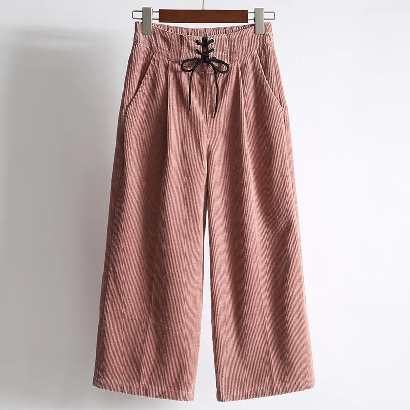 Высокая Талия ed штаны-шаровары Для женщин хлопковые свободные Повседневное розовый вельветовые брюки для Для женщин плиссированные