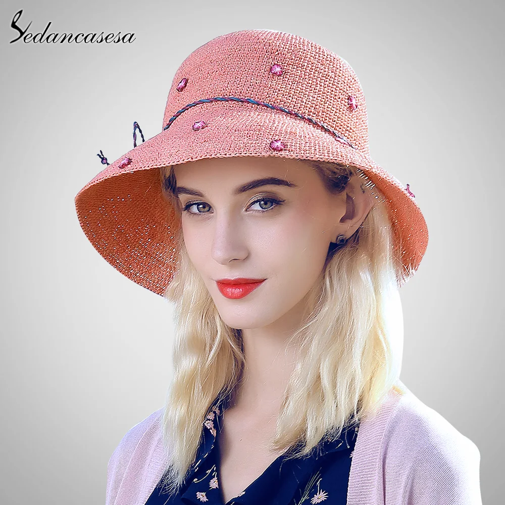 Sedancasesa sun kapelusze Letnie kobiety szerokim rondem rafia słomkowe kapelusze panie floppy Hat UV chronią Folding plaża Kapelusze dla dziewczyn SW105113