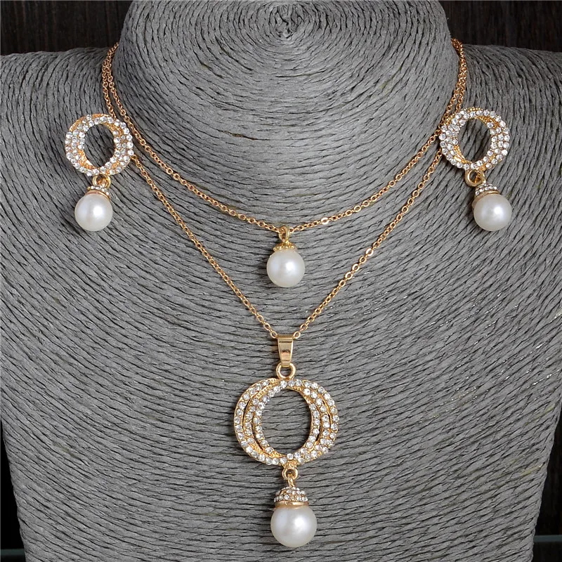 

New Arrival Simulated Pearl Jewelry Set Gold Filled Australia Crystal Earring Pendant Necklace Statement Gift Wholesale