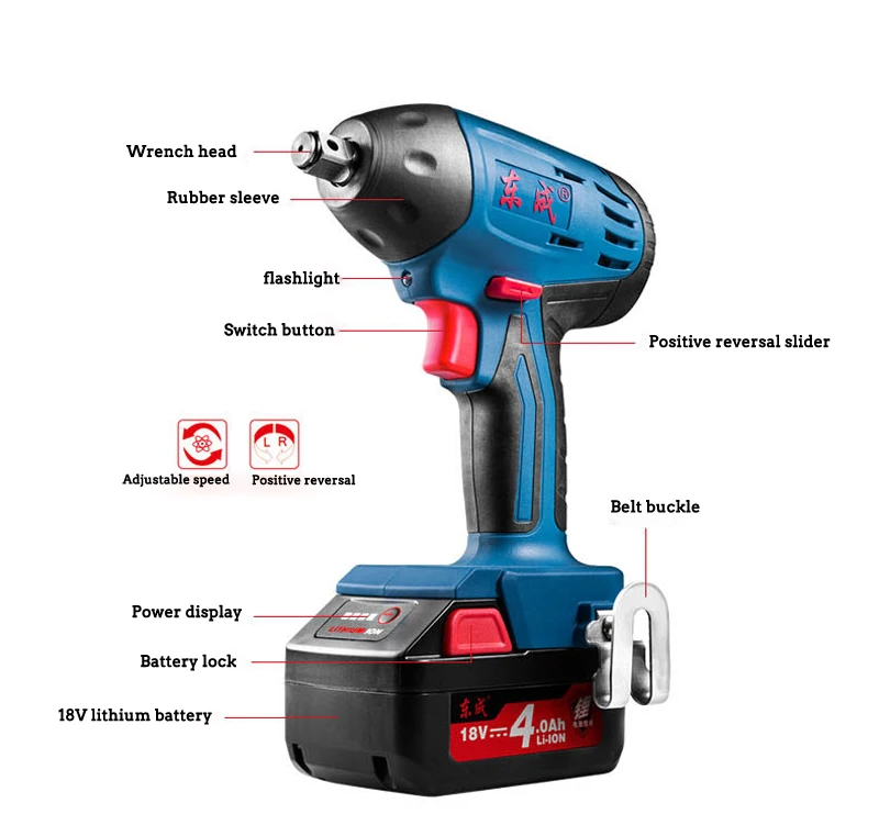Dongcheng 18V Li-ion 0-2200r/min 4.0Ah 230N.m Electric Impact Wrench Car Tyre Wheel Wrench Cordless Drill