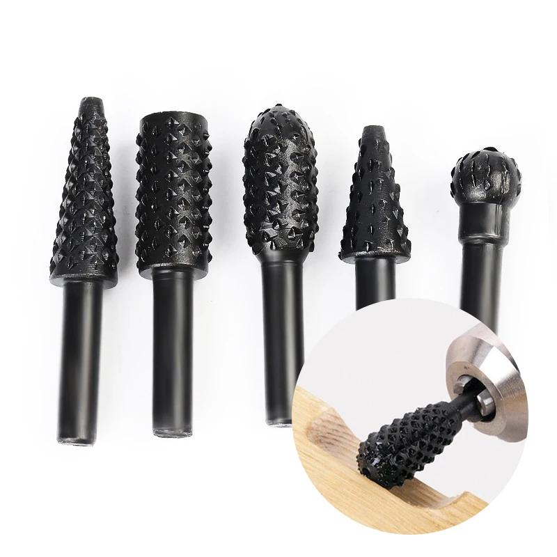 

5pcs/Sets HSS Rotating Burr Wood Carving File Bit 1/4" Shank Rotary File Woodworking Milling Cutter Engraving Grinding Cut Tools