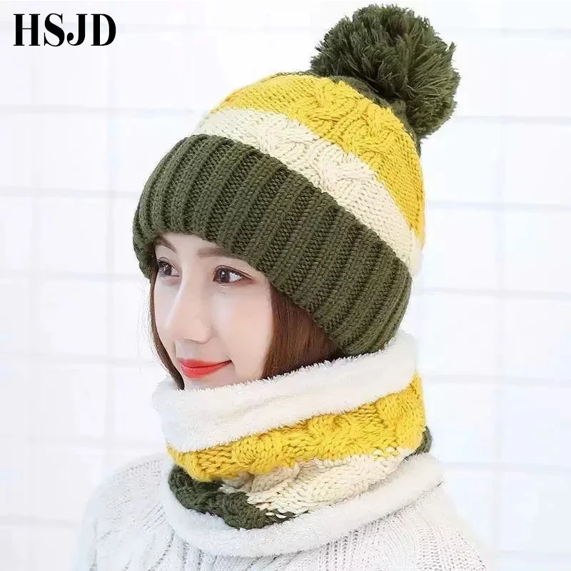 

Winter Women's Hat Color matching Knitted Warm Scarf Hat Thick Windproof Balaclava Skullies Beanies Ski Cap Female Hat and Scarf