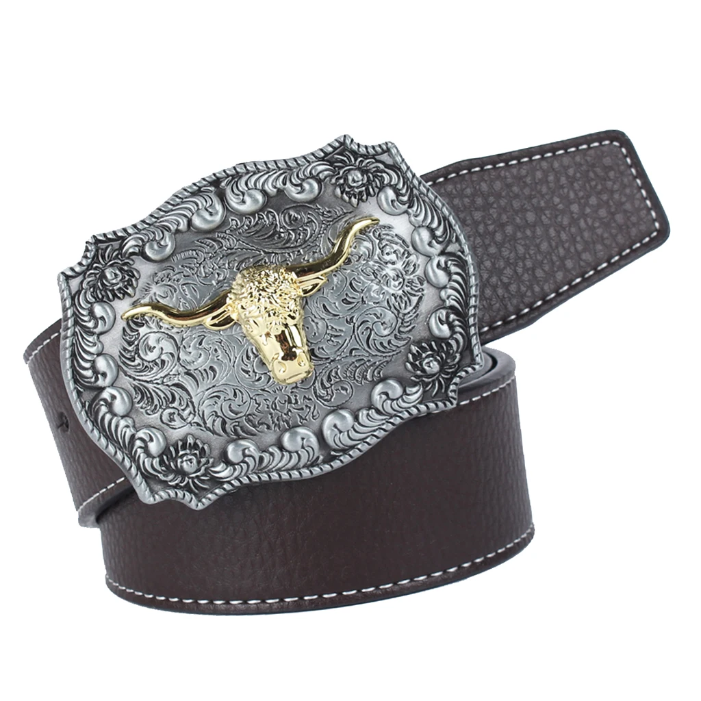Womens Mens Vintage Western Cowboy Leather Belt Waistband Arabesque Cow Head Buckle Adjustable Leather Belt 
