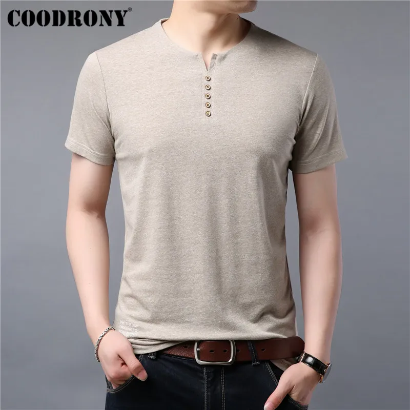 COODRONY, Мужская футболка с пуговицами и воротником, футболка с коротким рукавом, мужские летние повседневные футболки, хлопковая футболка, Homme Top S95042 - Цвет: Хаки