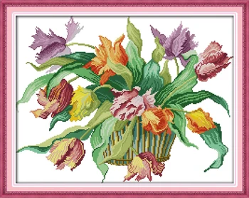 

cotton flowersTulips cross stitch kits 14ct white 11ct print on canvas embroidery set sewing hand made crafts home decor