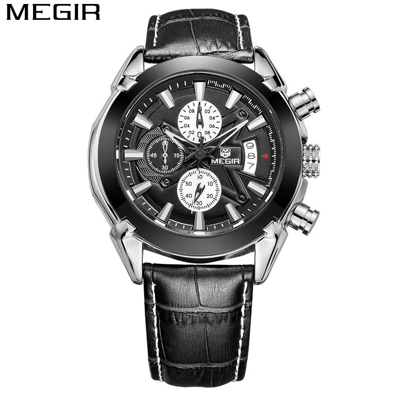 Relogio Masculino MEGIR функцией хронографа мужские часы натуральной кожи роскошные бренд