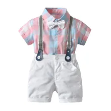 Детские клетчатые Топы с бантом для маленьких мальчиков; футболка; однотонные шорты; Одежда для мальчиков; roupa infantil; одежда для детей;