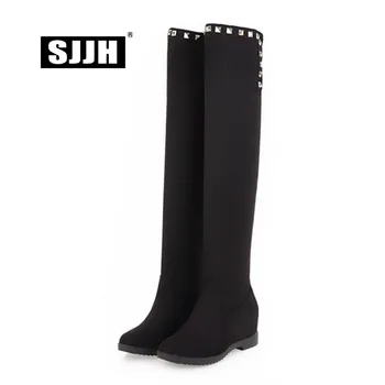 

SJJH Women Flock Over-the-Knee Boots with Round Toe Low Heel Slip-on Rivet Plush Long Boots Fashion Formal Shoes Large Size A984
