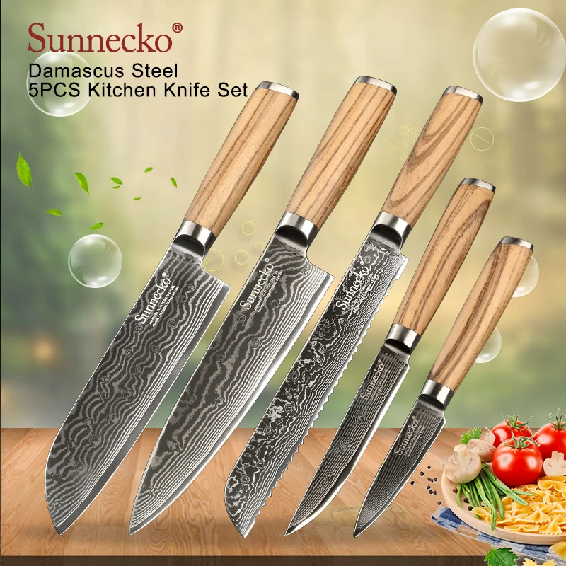 

SUNNECKO 5PCS Kitchen Knives Set Chef Utility Santoku Bread Paring Knife Damascus Japanese VG10 Steel Knife Original Wood Handle