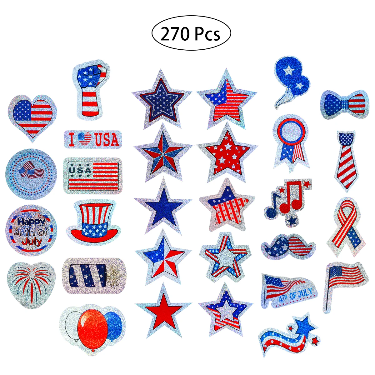 

Tinksky 270Pcs/Set Patriotic Stickers Holographic Stickers For 4th Of July Decoration And Patriotic Events (30 Pattern X 9 Pcs)
