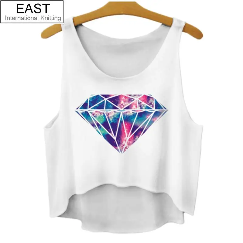 

East Knitting Blue Diamond Pattern Vest New 2017 Summer Style Crop Top Pineapple Print sexy Casual Cartoon Letter Print Tank