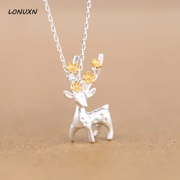 

High quality sweater chain girl 925 sterling silver yellow plum deer elk Pendant Necklace lovely cartoon animal shape with chain