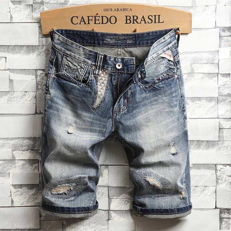 Summer Streetwear Fashion Men Jeans Shorts Patch Designer Ripped Jeans Men Denim Shorts Retro Wash Vintage 1