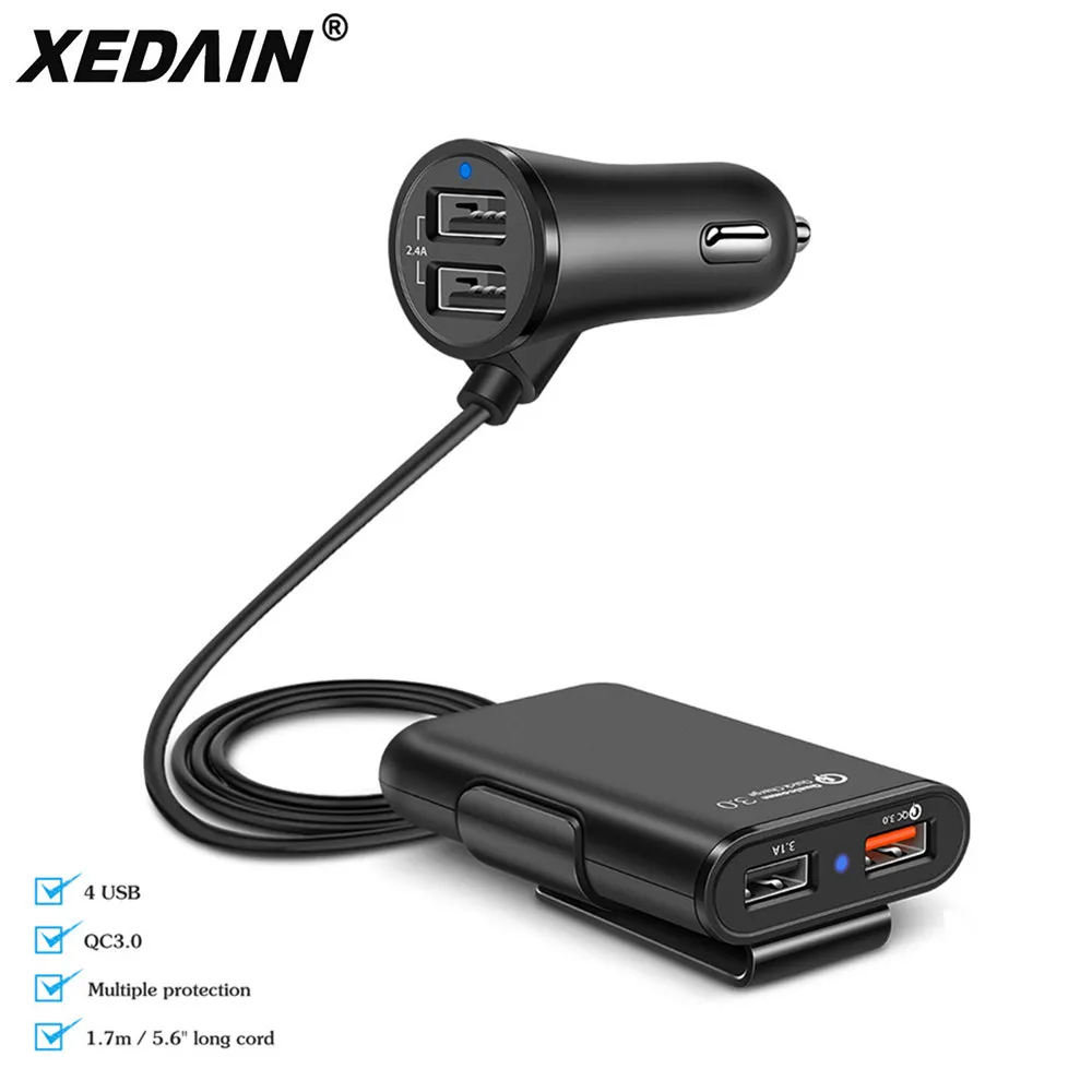 

QC 3.0 2.4A 3.1A 4 Port USB Parts Car Charger With 5.6ft Extension Cord Cable for Back Seat Quick Charger 3.0 iPhone iPad Camera