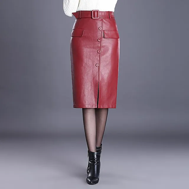 Women Red Black Mid Long Skirt Autumn Winter High Waist PU Leather