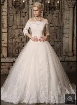

2017 free shipping ball gown ivory lace appliques sexy wedding dress off shoulder half sleeve corset simple bride dresses