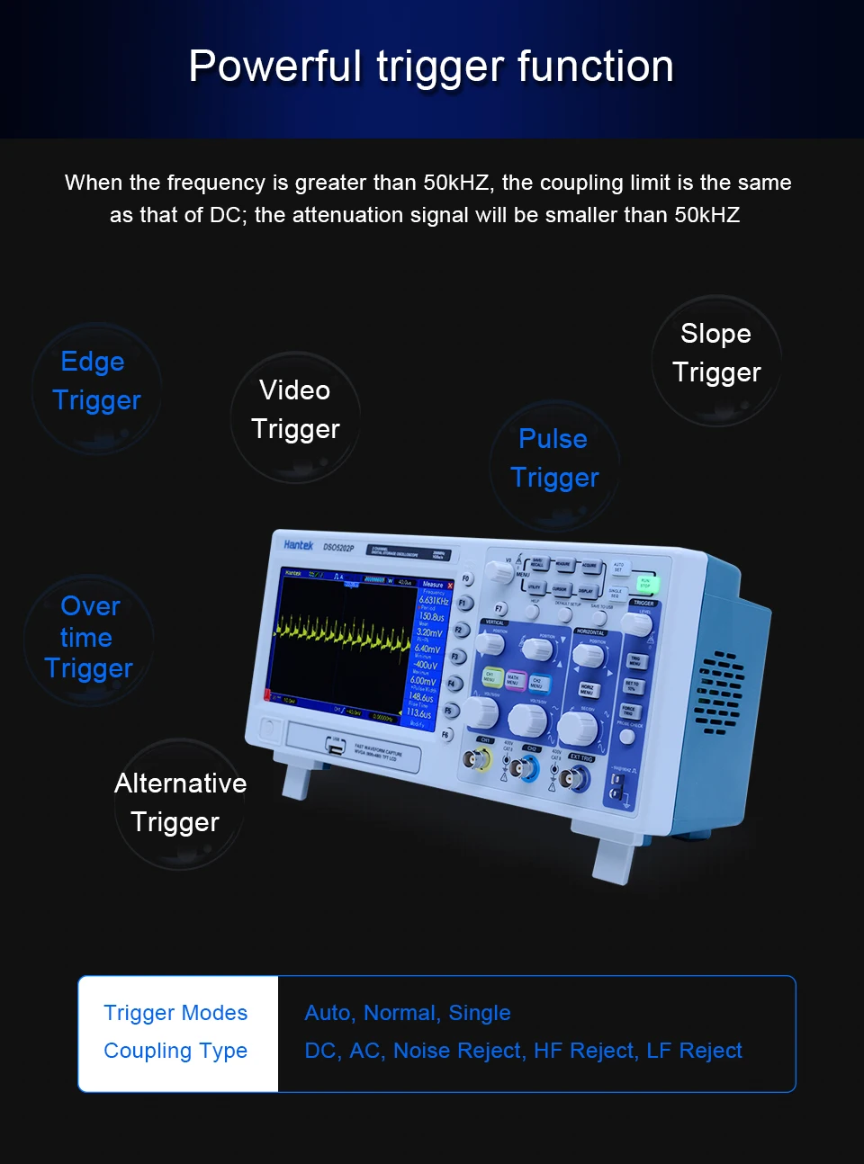 Hantek DSO5202P цифровой осциллограф 70-200 МГц 2 канала 1GSa/s 7 ''TFT lcd цветной дисплей длина записи 40K 5102 P/5072 P