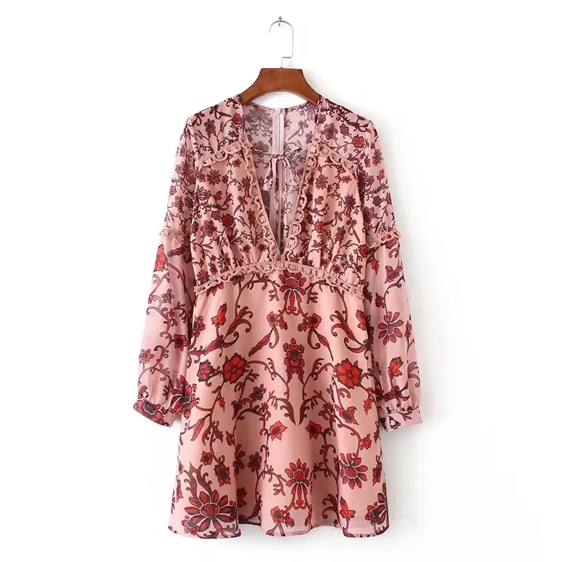

Fashion Women Appliques printing Chiffon Sexy V-Neck Mini Dresses Summer style Casual Long sleeve Dress Womens Clothing D886