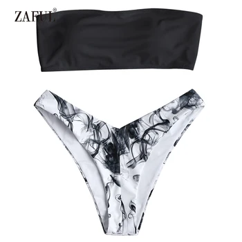

ZAFUL Bikini Abstract Print Swimwear Women High Leg Swimsuit Sexy Strapless Padded Bathing Suit High Cut Thong Brazilian Biquni