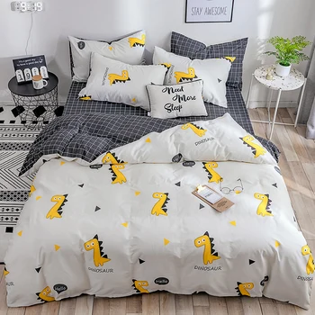 

Cartoon Dinosaur Bedding sets plaid bed sheet Pillowcase Duvet Cover Cotton Kids Teens Bedlinen twin Queen king Size bedclothes